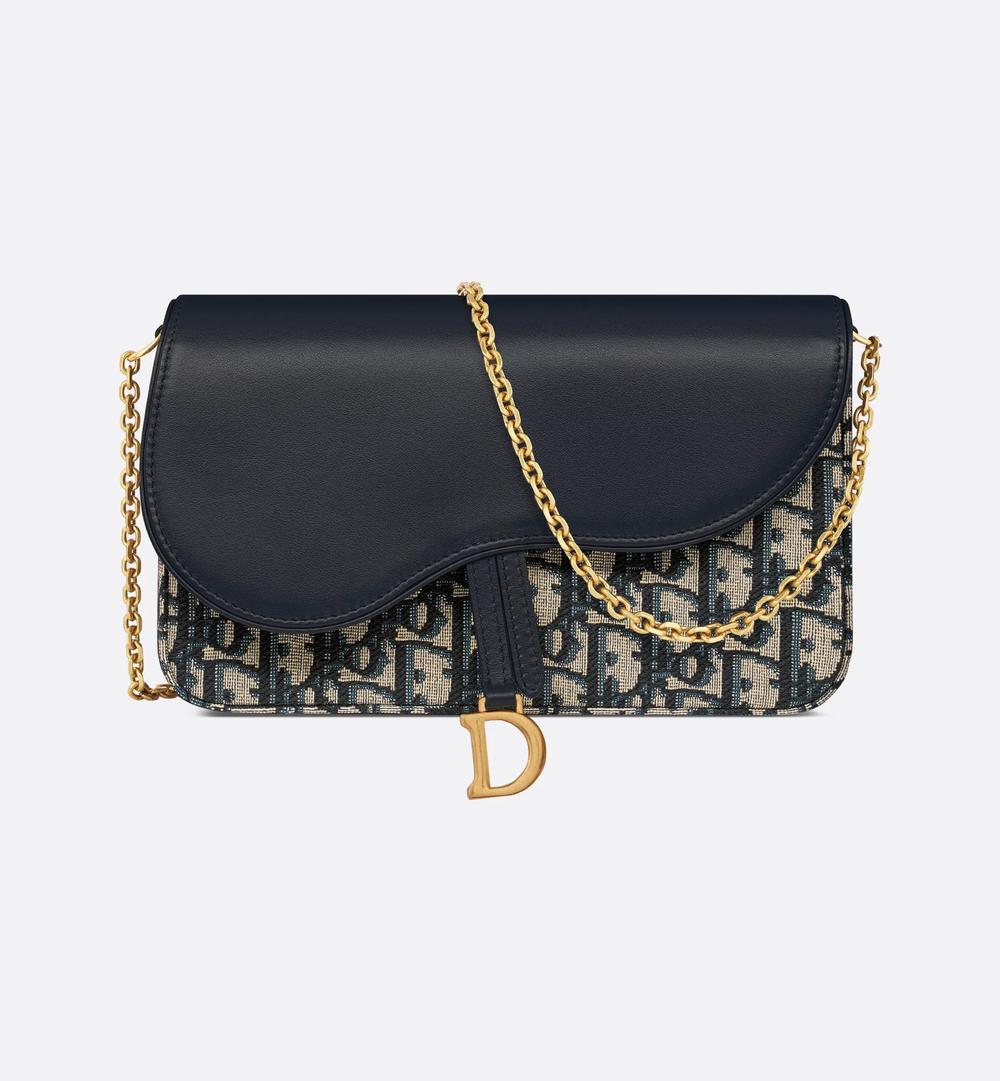 DIOR Women Saddle Medium Chain Pouch Toile jacquard Dior Oblique et cuir de veau lisse bleus S5907CNKO_M928