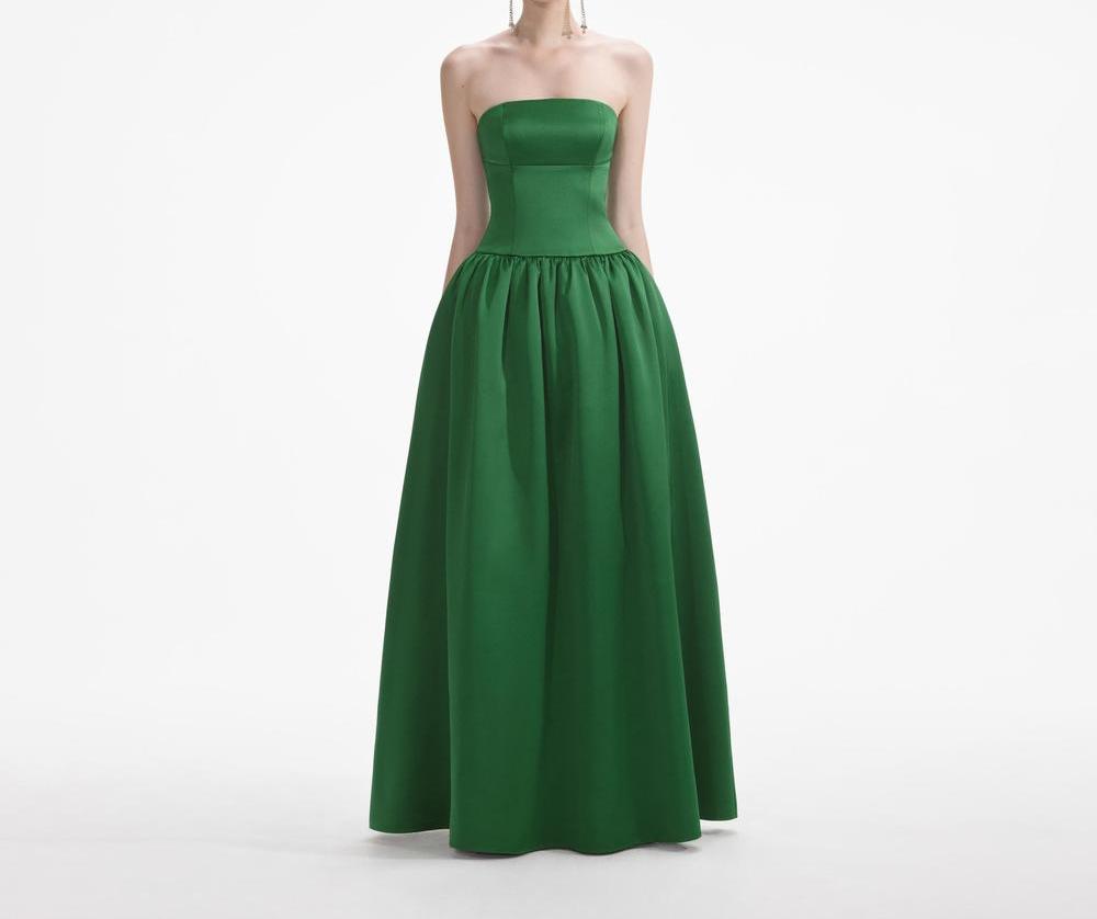 SELF PORTRAIT Women Green Satin Bandeau Maxi Dress SP001