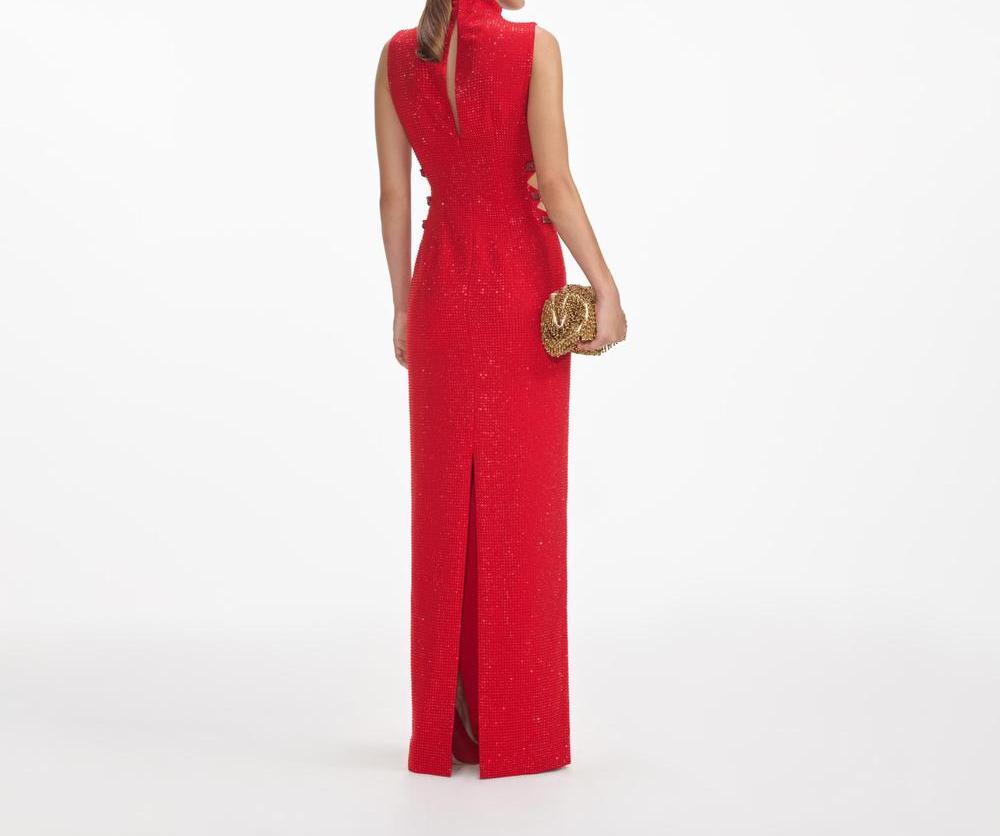 SELF PORTRAIT Women Red Rhinestone Crepe Maxi Dress SP012