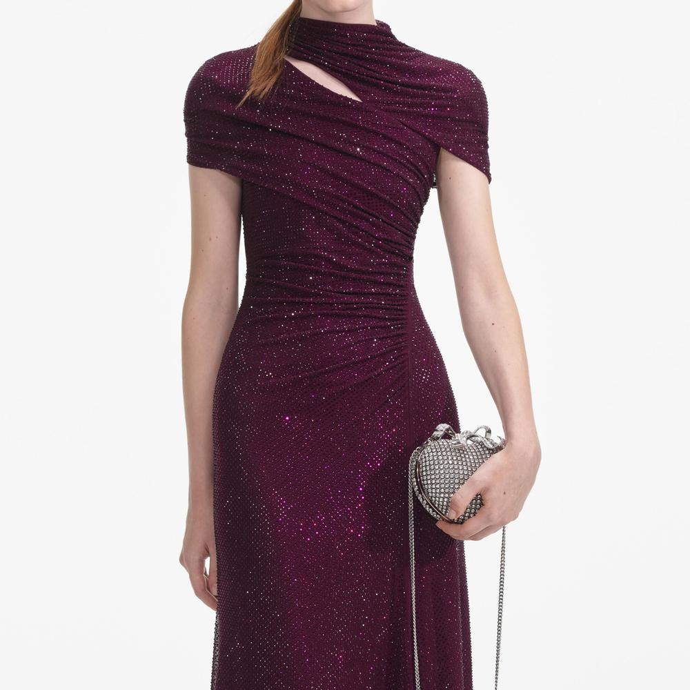 SELF PORTRAIT Women Burgundy Rhinestone Mesh Cut Out Midi Dress SP020